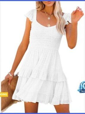 Polyester Rayon Smocked Ruffle Babydoll Mini Dress Casual Summer